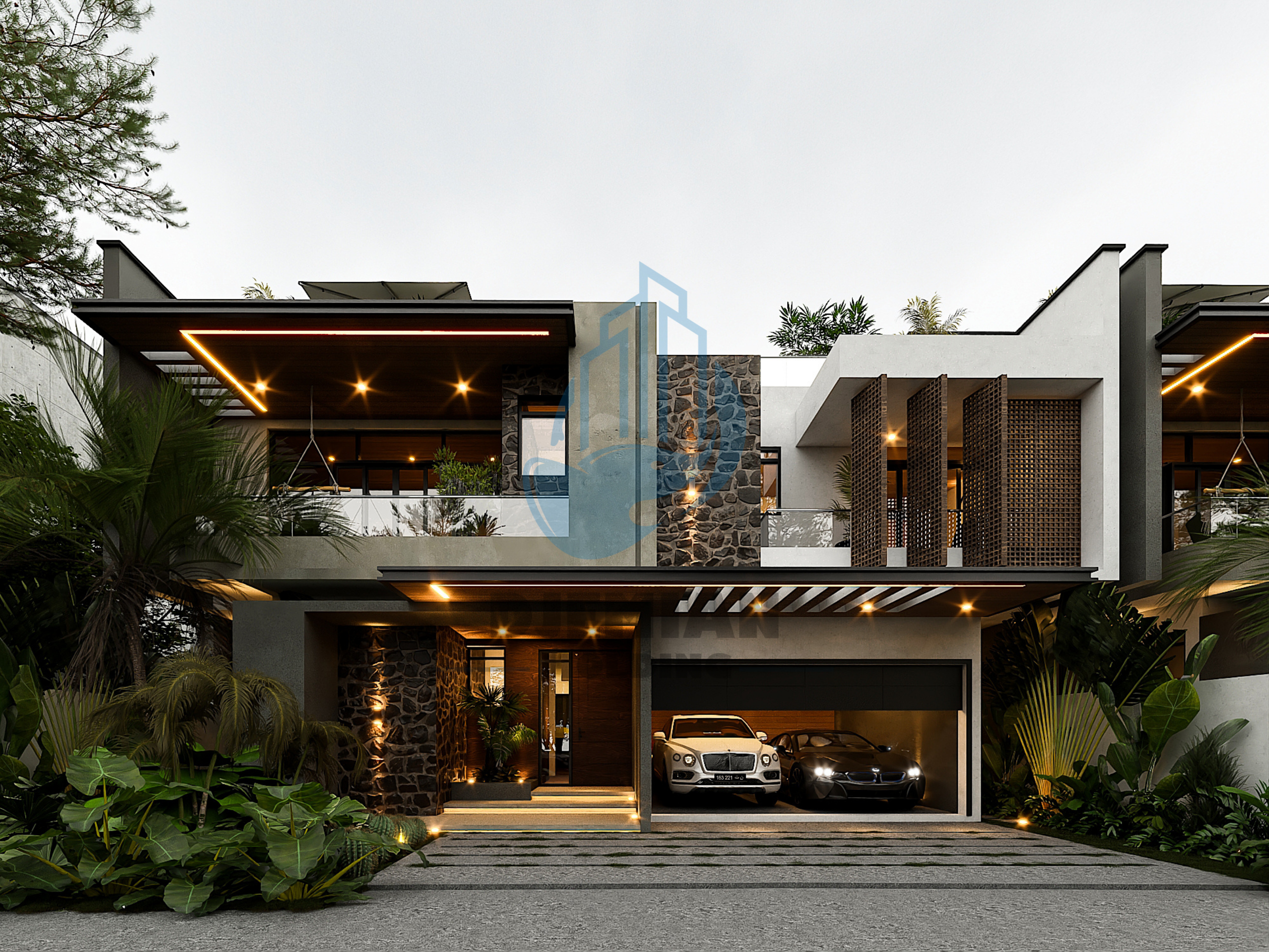 Façade détaillée d'un duplex — rendu 3D